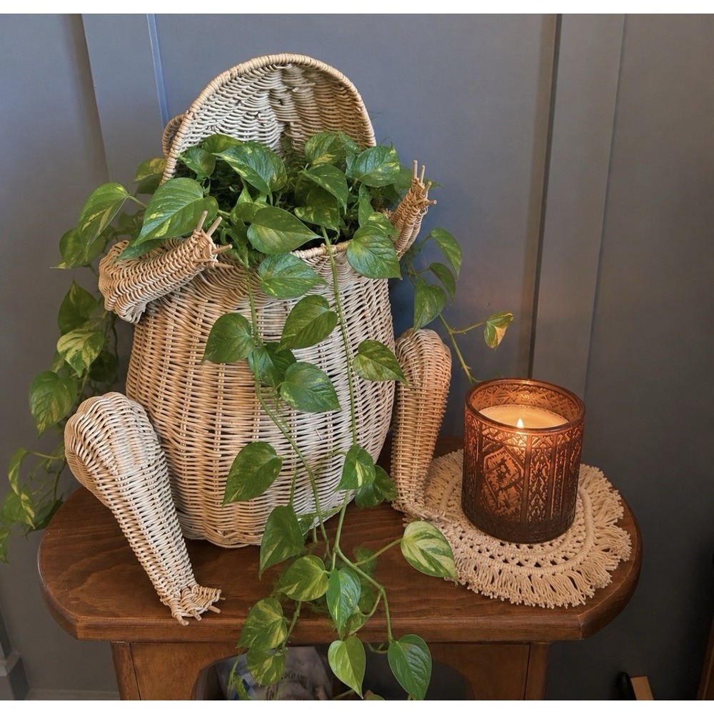 Vintage Mid Century Modern FROG Large Wicker Rattan Basket Marble Eyes Toad 18"